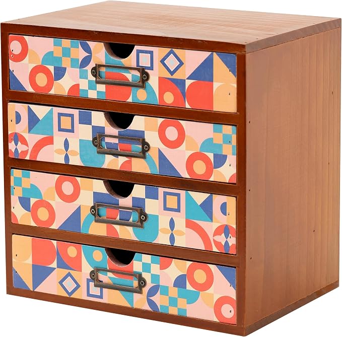 Add Color To Your Desk - MCM Geometric Wooden Desk Organizer - Desktop Storage with 4-Drawer - Wood Cabinet for Office Supplies, Craft Tools, & Home, Countertop, Tabletop Organization by PrimoSupply