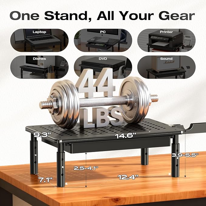 Computer Monitor Stand Riser with Storage, 3 Height Adjustable Laptop Desktop Monitor Stand with Drawer, Metal Short Printer Table, Stand Riser for Desk, Office Desk Organizers and Accessories, 2 Pack - Image 2