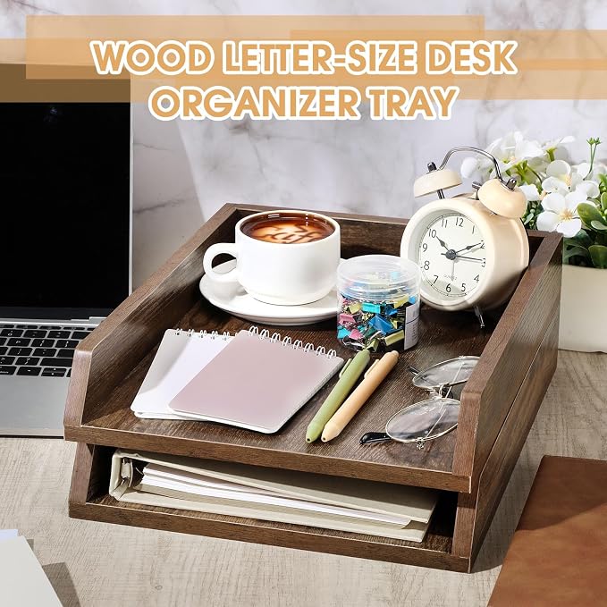 DoubleFill 2 Pcs Wooden Letter Trays 2 Tier Desktop Paper Organizer Wood Letter-Size Desk Document Tray Heavy Duty Stackable Paper Drawer Holder File Folder Back to School Office Home (Dark Wood) - Image 3