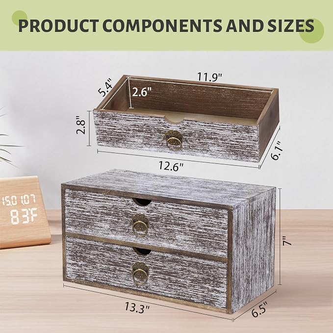 Wood Desk Organizer, Washed Brown Wooden Desktop Organizer with Drawer, Tabletop Storage Organization Box for Countertop, Home Office Supplies, Bills, 13.3 x 6.5 x 7 Inches(2 Drawer) - Image 3