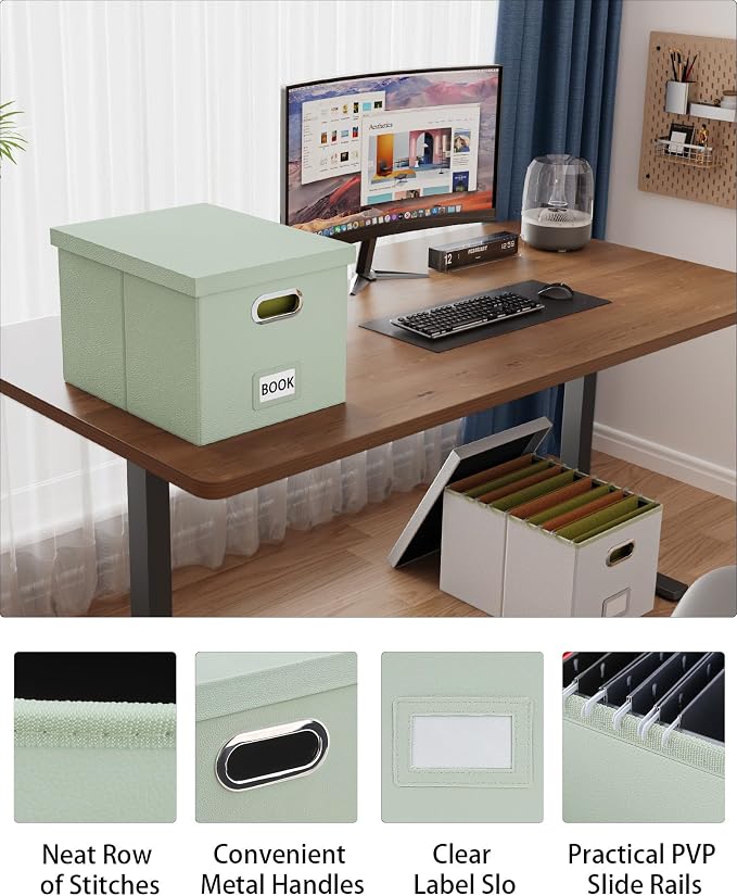 File Organizer Box,Filing Box with Lid,File Box for Letter/Legal File Folder Storage, Portable Hanging File Box for Office/Decor/Home,1 Pack, Grey-green(Leather),Box only, AM03118 - Image 4
