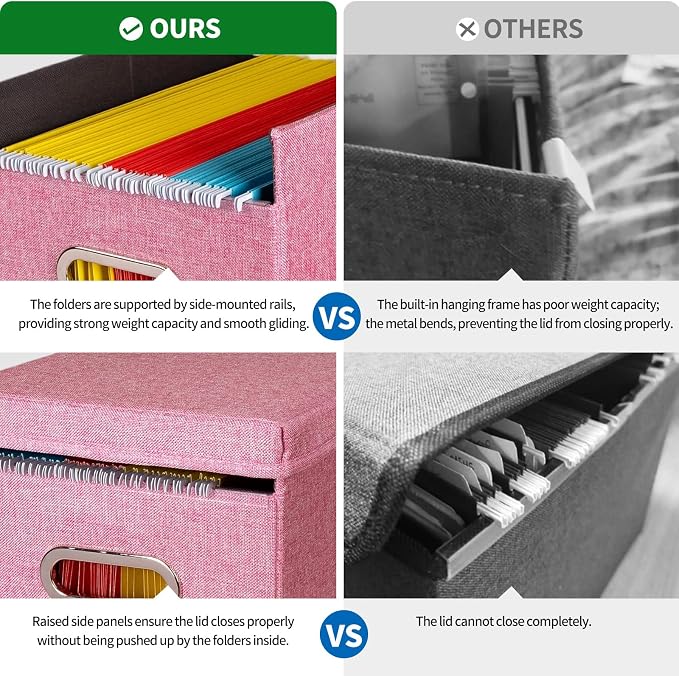 2 Pack Hanging File Folders Organizer with Lid, Letter Size Fabric File Storage Box Collapsible, Portable Office Document Holder with Metal Handle, Smooth PVC Rails, Pink - Image 3