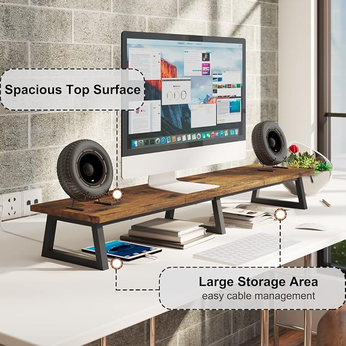 TEAMIX 42 inch Large Dual Monitor Stand Riser,TV Riser,Desk Shelf Organizer | Extra Long Computer Stand, Wood & Steel, Holds 300lbs, Keyboard/PS5/Soundbar Storage Underneath, For Home Office & Gaming - Image 2