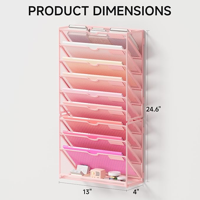 Lavatino 10-Tier Hanging Wall File Folders Organizer - Pink Metal Mesh Paper Magazine Document Mail Holder File Organizer for Office School Home Wall Mount or Desk Supplies Organization - Image 4
