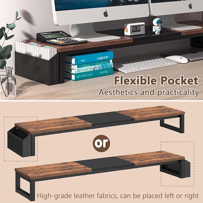 LAND·VOI Dual Monitor Stand Riser,41.5'' Long Monitor Stand for 2 Monitors, Wood Computer Riser with Pocket, Desktop Oraganizer with Pen Holder, Monitor Riser for Desk Computer,Laptop,TV, Rustic Brown - Image 4