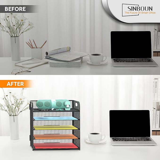 2 Pack Letter Tray 5-Tier Desk Organizer File Paper Holder with Handle, Metal Desktop Document Shelf Tray Office Classroom Organization - Black - Image 4