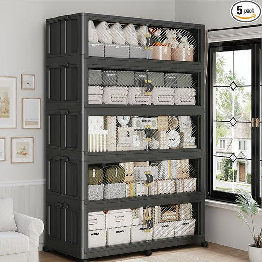 1200QT Extra Large Stackable Storage Bins with Lid, 300Gal Plastic Closet Organizers and Storage Drawer, Collapsible Cabinet Box with Wheels Clear Doors for Home Kitchen Garage, 5Pack Black by QAVABIN
