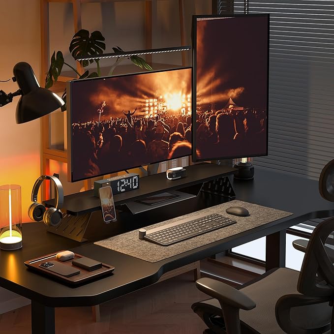 Fenge Dual Monitor Stand, Wooden Desk Shelf with Headphone & Phone Holder | 42.5" Monitor Riser with Storage Shelf, 2-Tier Monitor Shelf with Metal Leg for Home Office Organizer, Black - Image 5