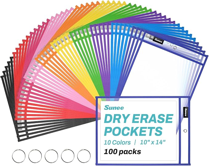 SUNEE 100 Packs Oversized Reusable Dry Erase Pocket Sleeves with 5 Rings, 10 Assorted Colors 10x14 Ticket Holders, Clear Plastic Sheet Protectors, Teacher School Classroom Supplies by SUNEE