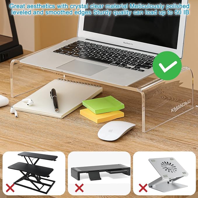 16"x8"x4" Acrylic Monitor Stand, Clear Laptop Riser with Bonus Phone Stand | KMANDLU Clear Premium Acrylic Computer Stand, Ergonomic Monitor Riser & Desk Organizer Shelf for Office, Home, Printer, TV - Image 8