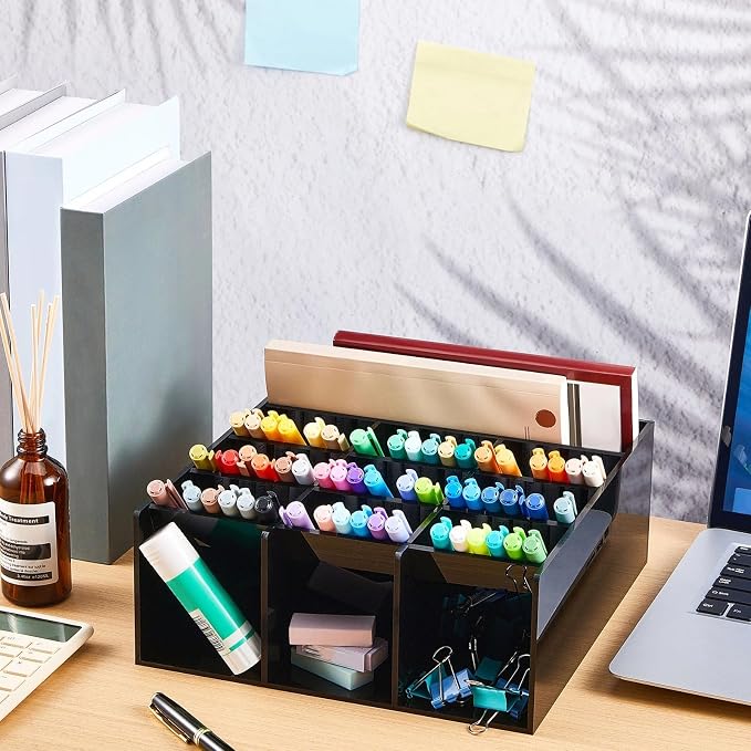 MotiMind Acrylic Pen Organizer Storage for 150 Markers Vertical Marker Organizer Acrylic Pen Display Holder for Office Desk Desktop Stationery Pencil Storage, Black, 10.2 x 4 x 9.8 Inch - Image 5