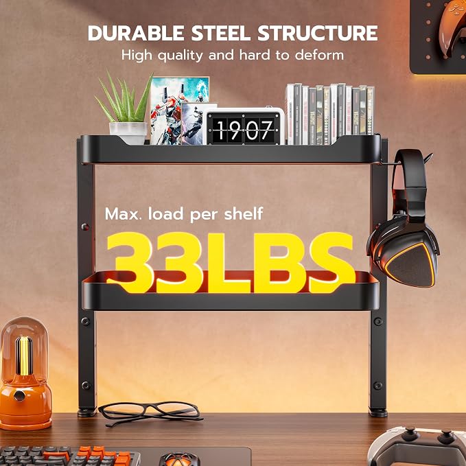 ARES WING 2-Tier 16 inch Clamp On Desk Shelf, Above or Under Desk Storage | Adjustable Desktop Organizer Shlef Holds 66 lbs Heavy Duty, with Headphone Holder for Working and Gaming Accessories, Black - Image 3