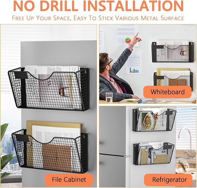 MFTEK Magnetic File Holder, 2 Pockets Magnetic File Folder Holder No Drilling Magnet Paper Mail Organizer Magazine Basket, Hanging Wall Storage Rack for Fridge Cabinets Office Classroom - Image 5