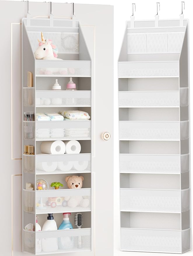 Over the Door Organizer, Heavy-Duty 6-Shelf Hanging Storage with 13 Mesh Pockets, 55lbs Capacity Behind the Door Storage for Nursery, Bathroom, Bedroom, and Dorm, White by Criusia