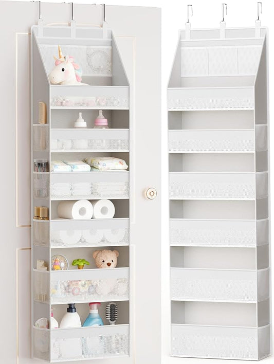 Over the Door Organizer, Heavy-Duty 6-Shelf Hanging Storage with 13 Mesh Pockets, 55lbs Capacity Behind the Door Storage for Nursery, Bathroom, Bedroom, and Dorm, White by Criusia