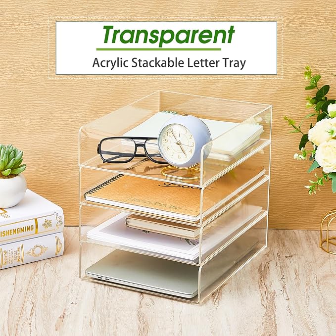 Harloon 4 Tier Paper Organizer Letter Tray Acrylic Desk File Organizer Heavy Duty Stackable Documents Clear Letter Paper Holder Sorter Office Tray for A4, Office Classroom Home File Pad Notebooks - Image 4