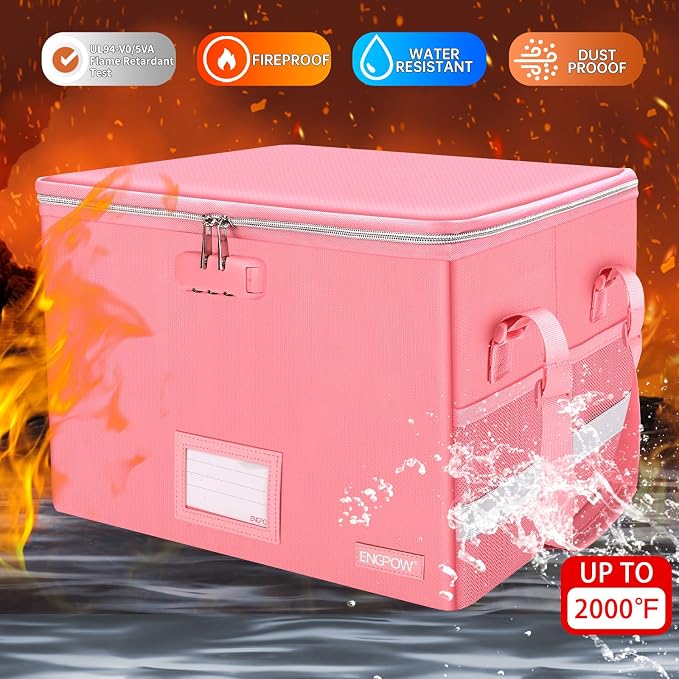 ENGPOW File Box with Lock, Fireproof Document Box with Pockets, Collapsible File Organizer Filing Storage Cabinet with Handle, Portable Home Office Safe for Hanging Letter/Legal Folders, Pink, 2 Pack - Image 3