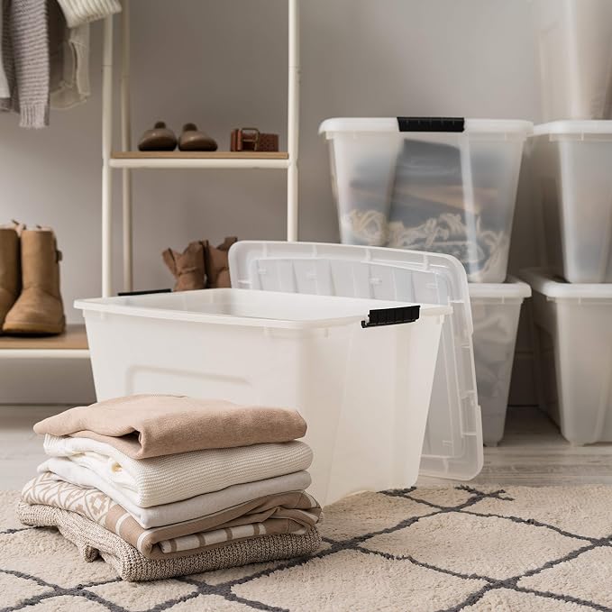 IRIS USA 6-Pack 54 Quart Storage Bins with Lids, Pearl | Conceals contents for a clean look. Perfect for moving, blankets, clothing, and garage storage. Nestable design saves space - Image 5