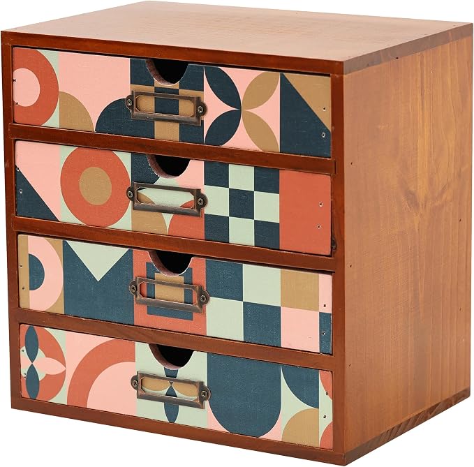 Mid-Century Modern Geometric Pattern Desk Organizer - Earth Tone Desktop Storage with 4-Drawer - Retro Modern Wood Cabinet for Office Supplies, Craft Tools, & Home Organization - MCM Drawer Unit by PrimoSupply