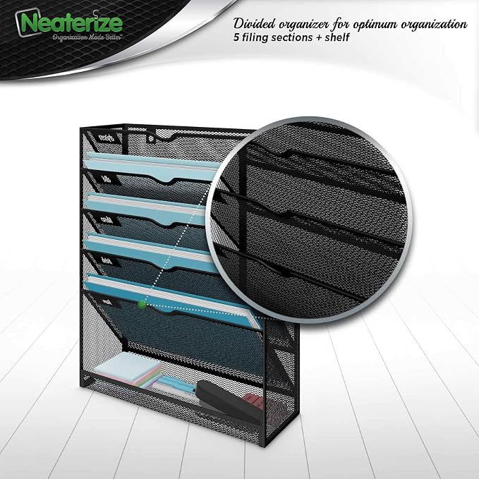 NEATERIZE Mail Organizer for Wall -Heavy-Duty Mesh Hanging File Organizer-Wall Organizer for Papers, Folders, Files Clipboard & Magazine Organization, Great for Home, Office Classroom or Doctor(Black) - Image 3