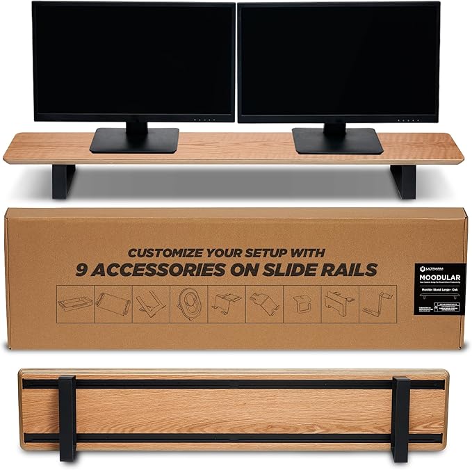 Moodular Wooden Monitor Stand Desk Organizer, Large 45.6" Oak | Customizable Organized Workspace, Aluminum Slide Rails, 10 Add-Ons Sold Separately: Storage Drawer, Tablet, Phone & More by ULTRARM