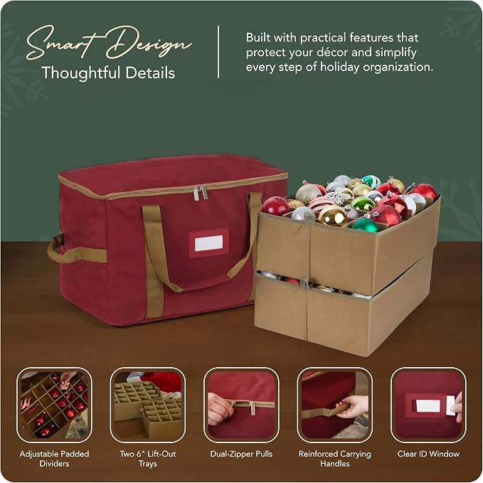 Covermates Keepsakes Adjustable Ornament Storage Bag – Heavy-Duty Polyester, Padded Dividers & FlexGrid Trays – Protective Holiday Ornament Organizer with Handles & Label Window, Red - Image 4