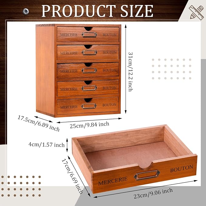 Wesiti 5-drawer Vintage Wooden Desk Organizer, Rustic Apothecary Cabinet Storage Drawers, Home Office Organizer for Craft, Sewing, Jewelry, Gift - Wood Desktop Drawer Box, Stackable - Image 3