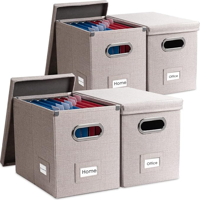 File Organizer Box - Set of 4 Collapsible Decorative Linen Filing Storage Hanging File Folders with Lids Office Cabinet Letter Size Light Grey (14x9.3x10.8 inch) by Prandom