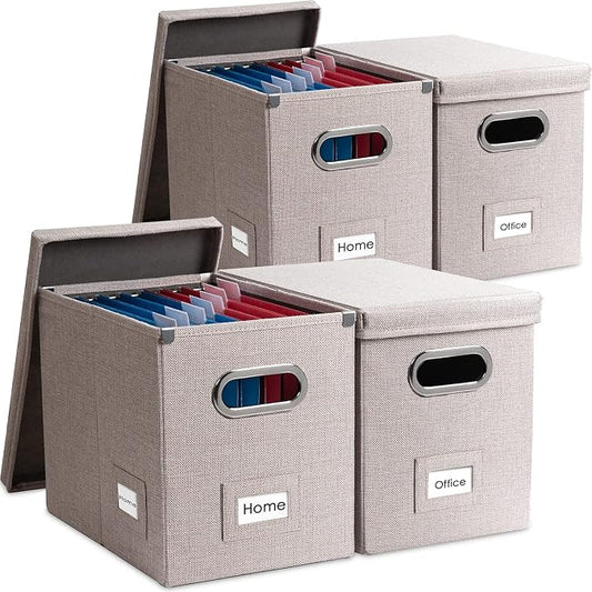 File Organizer Box - Set of 4 Collapsible Decorative Linen Filing Storage Hanging File Folders with Lids Office Cabinet Letter Size Light Grey (14x9.3x10.8 inch) by Prandom
