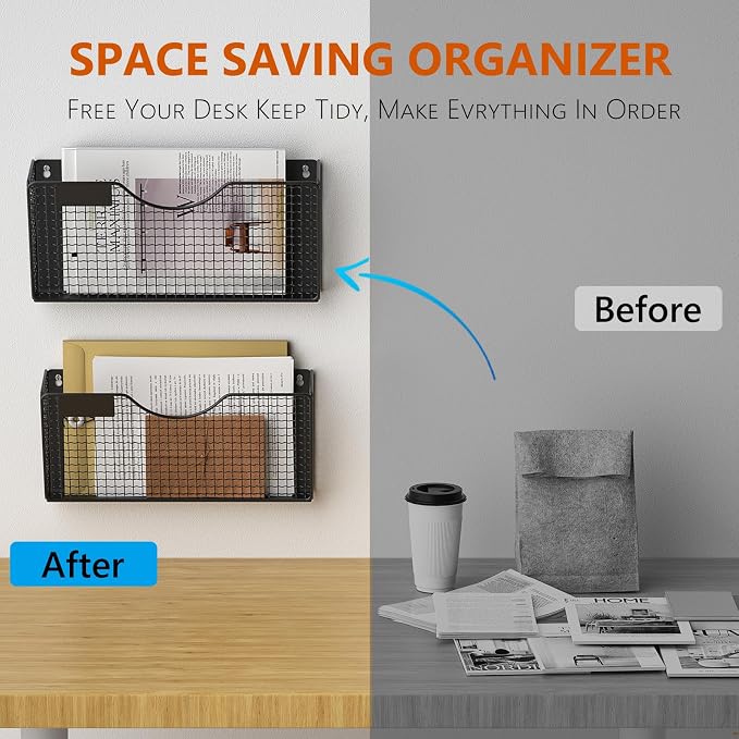 MFTEK Magnetic File Holder, 2 Pockets Magnetic File Folder Holder No Drilling Magnet Paper Mail Organizer Magazine Basket, Hanging Wall Storage Rack for Fridge Cabinets Office Classroom - Image 6