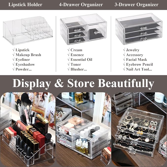 Sea Team 3-Tier Stackable Clear Acrylic Makeup Organizer with Drawers | Cosmetic Display Case, Jewelry Storage Box, 7 Drawers and 1 Lipstick Holder, Ideal for Vanity, Dresser, Bathroom, Countertop - Image 5