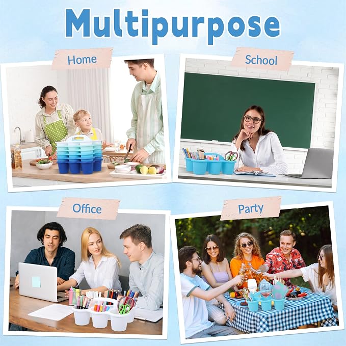 6 Pack Classroom Caddy Organizer with Handle Gradient Blue Plastic Table Caddy Drink Cup Caddies Holder 12x9x3.5 Inches Storage School Supplies 6 Compartments for Table Crayon Pencil Cup Marker Craft - Image 7
