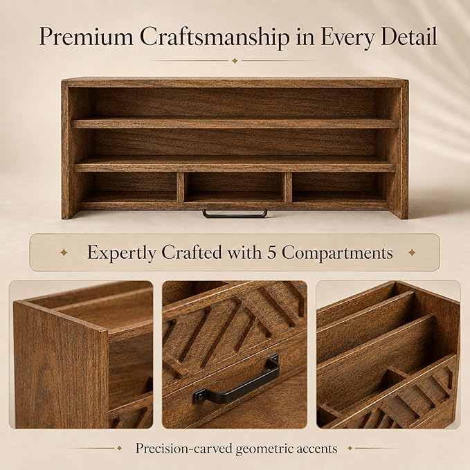 BLU MONACO | Wooden Mail Organizer with Drawer and Compartments | Mail Sorter Organizer Countertop for Desk Entryway | Outgoing Mail Holder Wood Desktop File Storage - Image 6