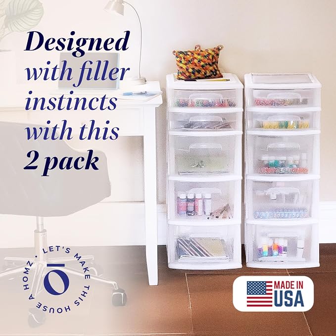 HOMZ 2-Pack Drawer Tower, 5-Tier Clear Plastic Storage Organizer Unit, White Frame - Multi-Purpose Container Drawers for Kitchen, Bathroom, and Office Organization - Image 4