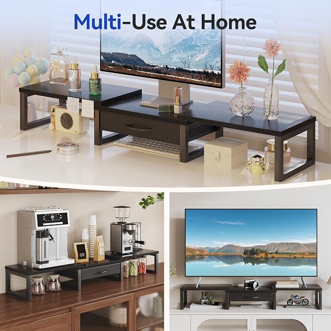 Dual Monitor Stand Riser, Desk Organizers and Accessories with Drawer, Computer Monitor Stands for Desk, Adjustable Desktop Shelf for PC Laptop Printer TV, Black - Image 6