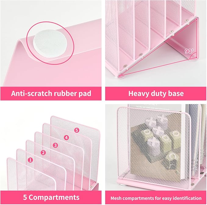 LEKETREE File Organizer for Desk, Desk Organizer with 5-Section Vertical File Rack, Folder Organizer,Workspace Organizers (Pink) - Image 4