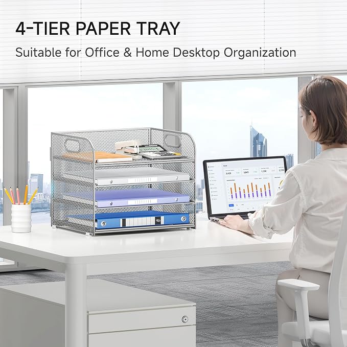 Lavatino 4-Tier Paper Organizer Trays - Silver Mesh File Folder Sorter with Handles, Desk Letter Holder Organizer for Office, Home, School Supplies Storage & Organization - Image 5