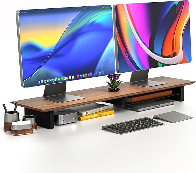 COREMINDED Solid Wood Dual Monitor Stand Riser, 42 Inch Walnut Desk Shelf | Fits 2 Monitors, Sturdy & Stable Solid Wood, Under Monitor Keyboard Storage, Office Desktop Organizer, Easy Assembly, Walnut by COREMINDED