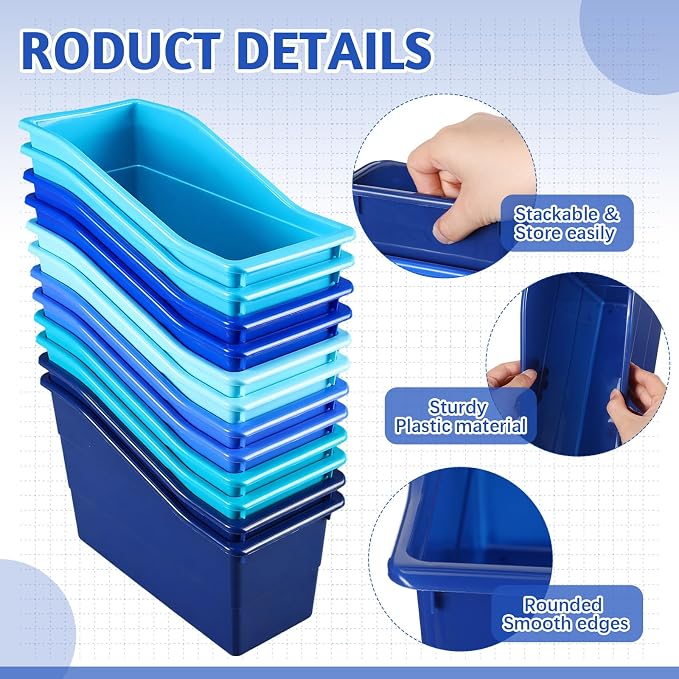 Teling 12 Pcs Book Bins Bulk for Classroom Storage Plastic Magazine Holder with Label Interlocking File Folder Organizer Binder Container Box for School Office Desktop Bookshelf Home (Ocean Blue) - Image 3