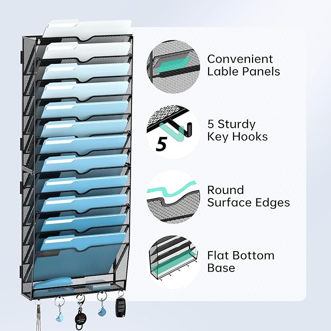 13-Tier Wall File Organizer, Wall File Holder with Hooks, Mesh Hanging File Organizer, Mail Organizer Wall Mounted for Papers, Folders, Office Magazine Rack, Assembly Needed, Black | Mesh Wall File Holder, Mail Organizer Wall Mounted for Papers, Docume... - Image 5