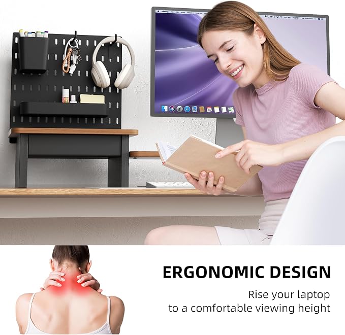 AFOOYO Monitor Stand Riser,Computer Monitor Stand with DIY Pegboard and drawer for Laptop,PC,Computer,Printer,Walnut Finish - Image 6