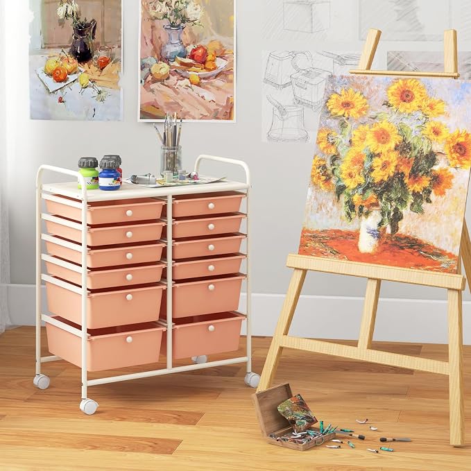 Moccha 12-Drawer Rolling Storage Cart - Utility Cart on Wheels with Lockable Casters for Craft Art Supply Paper Salon, Mobile Drawer Carts for Classroom Teacher School Office (Peach) by LDAILY