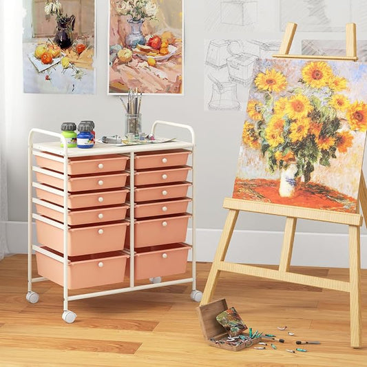 Moccha 12-Drawer Rolling Storage Cart - Utility Cart on Wheels with Lockable Casters for Craft Art Supply Paper Salon, Mobile Drawer Carts for Classroom Teacher School Office (Peach) by LDAILY