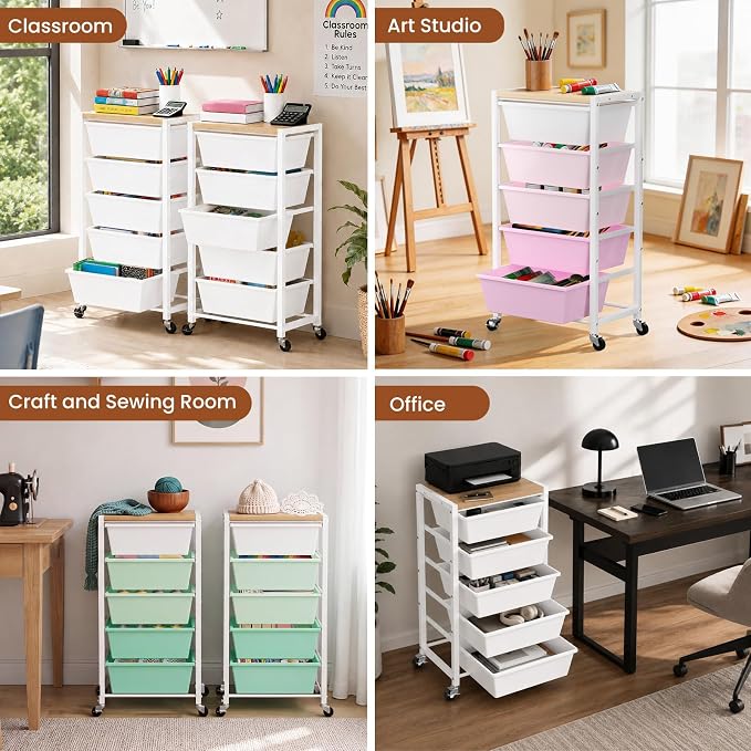 Rolling Cart with 5 Drawers, Plastic Drawer Storage Carts with Wheels & Wooden Tabletop, Metal Utility Cart for Office Bedroom Living Room Classroom, Craft Organization and Storage, Pink - Image 6