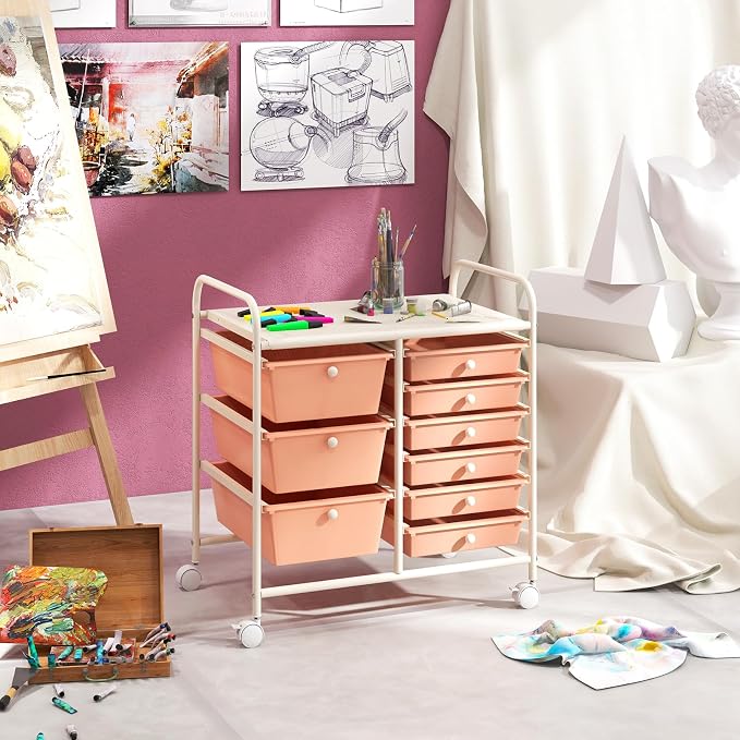 Moccha 9-Drawer Rolling Storage Cart - Under Desk Storage Drawers with wheels for Craft Art Supply Paper Salon, Scrapbook Paper Tools, Mobile Utility Cart for Classroom, Peach - Image 9