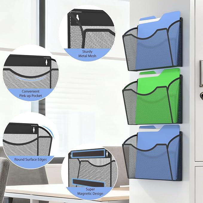 Gawerk Mesh Hanging Wall File Holders, Metal Vertical Wall Basket Mail Organizer for Office/Home (Black, 3 Pack Magnetic) - Image 3