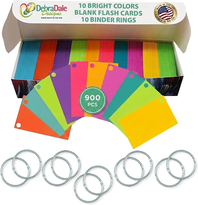 Blank Flash Cards with Rings & Box 900 Multicolor 2x3.5 USA Made | For active recall, vocabulary, homeschooling, language learning, exam prep, and spaced repetition. by DebraDaleDesigns