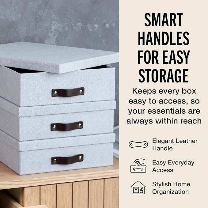 Bigso Oskar Canvas Fiberboard Document Letter Box - File Organizer Box for Important Paperwork - Document Storage with a Lid & Leather Handle - 3.3 in x 10.2 in x 13.8 in - 3 Pack - Ash - Image 5