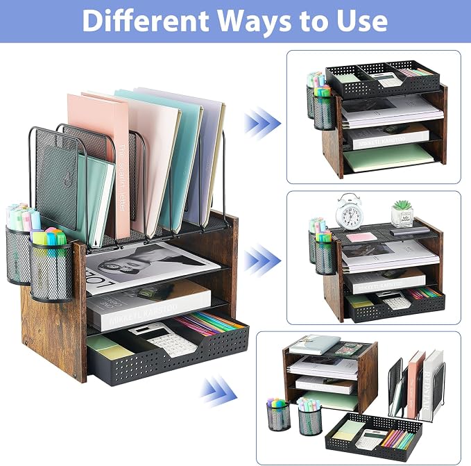AUPSEN Desk Organizer with 5 Vertical File Holders, Storage Drawer & 2 Pen Holders, 5 Trays Paper Letter Tray Organizer, Mesh Desk Organizers and Accessories for Home Office (Vintage wood) - Image 3