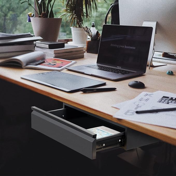 Under Desk Drawer 18”, Under Cabinet Counter Mount Pencil Drawer | Black Normal 1 Pack, Under Workbench Tool Storage Hanging Metal Drawer, Large Standing Desk Organizer for Flat Bottom Table - Image 2
